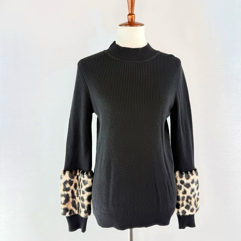 Michael Kors Black Ribbed Mock Neck Sweater with Leopard Print Cuffs